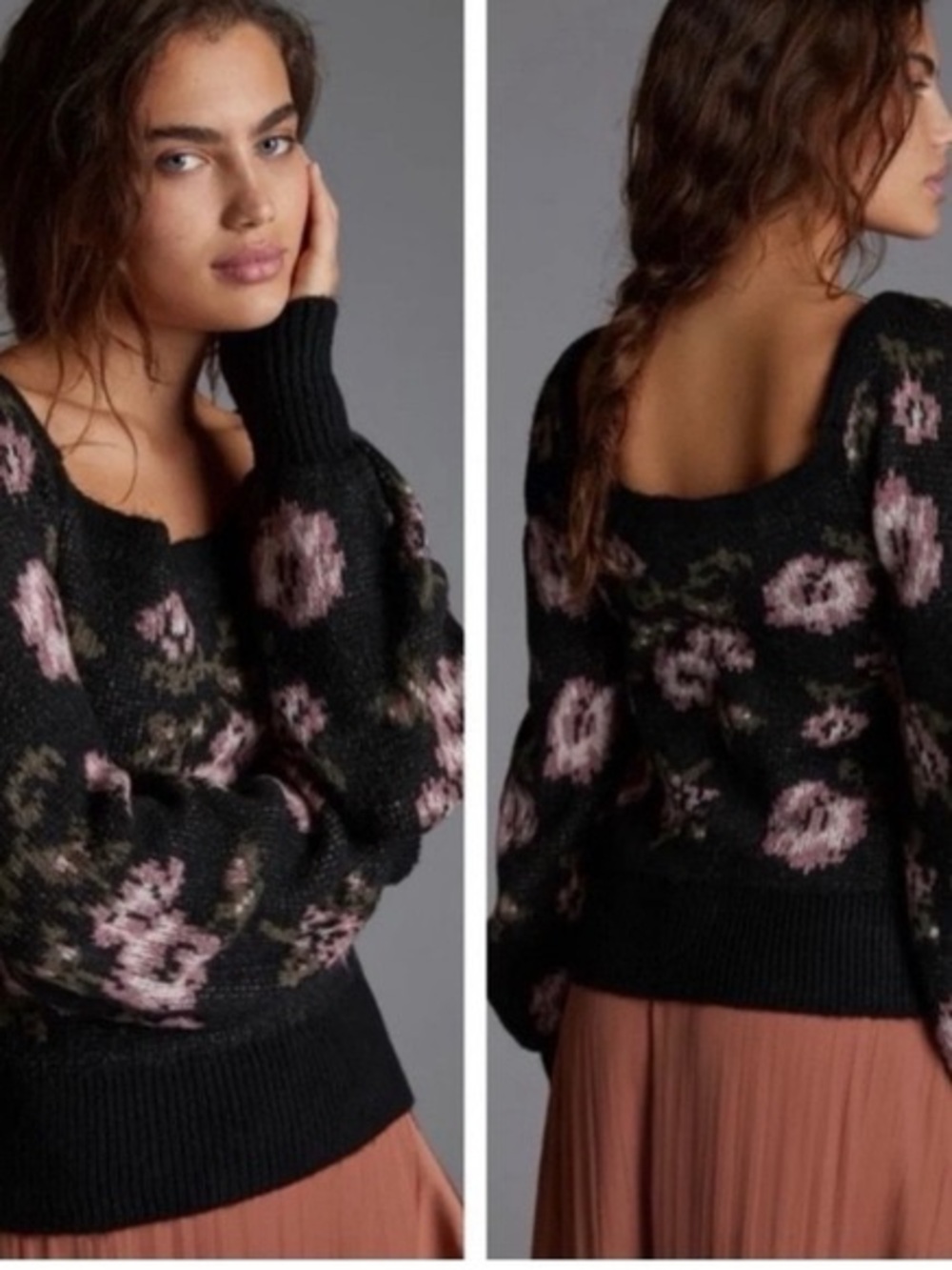 Anthropologie Women's Square Neck Floral Knit
Puff Sleeve. Boho Romantic XS